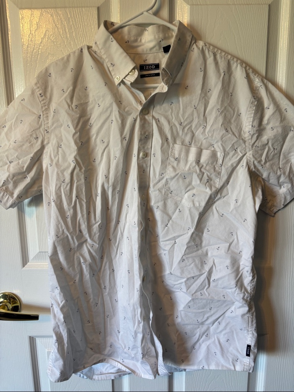 Izod White Short-Sleeve Button-Down Shirt with Navy Anchor Print
